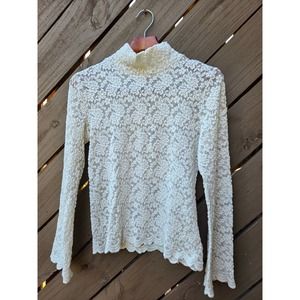 Mesh leaves stretchy cream colored victorian mock neck long sleeve shirt top
